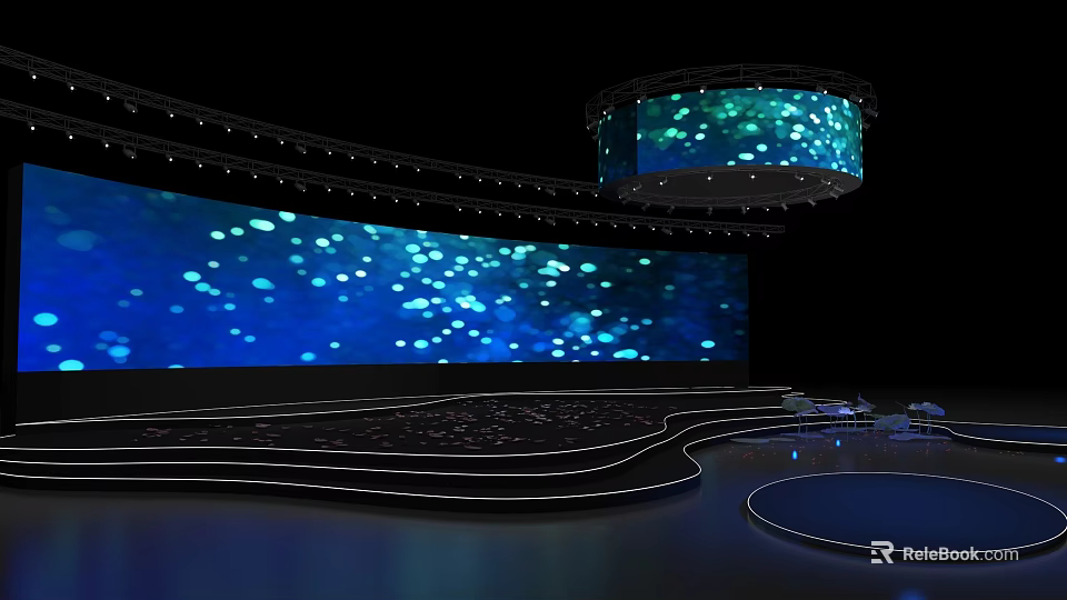 Stage Design With Large Blue Screen Light Spots Curved Structure And Hanging Circular Screen 3d model 