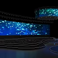 Stage Design With Large Blue Screen Light Spots Curved Structure And Hanging Circular Screen 3d model