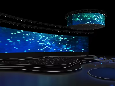 Stage Design With Large Blue Screen Light Spots Curved Structure And Hanging Circular Screen 3d model