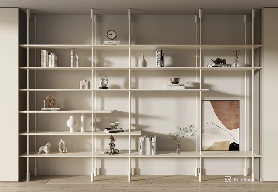 Modern Open Bookcase with Multiple Shelves Books Decorative Items and Clock 3d model 