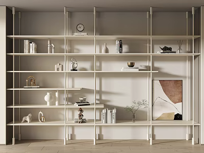 Modern Open Bookcase with Multiple Shelves Books Decorative Items and Clock 3d model