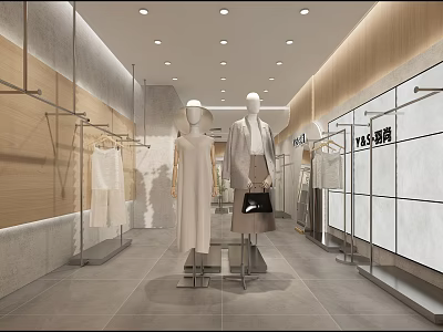 Modern Clothing Store Interior Featuring Mannequins in Stylish Outfits Clothing Racks and Wooden Panel Walls 3d model