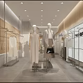 Modern Clothing Store Interior Featuring Mannequins in Stylish Outfits Clothing Racks and Wooden Panel Walls