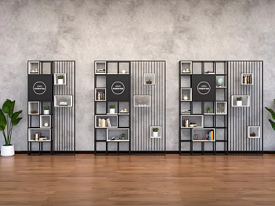 Modern Black Framed Room Dividers With Grid Design Decorative Books And Green Plants 3d model