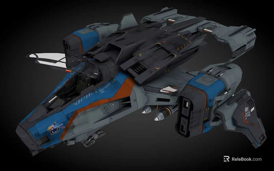 Futuristic Armored Spaceship With Blue Gray Orange Exterior And Mechanical Details 3d model 