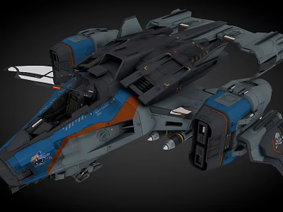 Futuristic Armored Spaceship With Blue Gray Orange Exterior And Mechanical Details 3d model