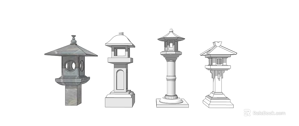 Traditional Outdoor Lights With Various Pillar Designs And Classic Lantern Structures 3d model 