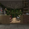 Modern Restaurant Interior With Gray Brick Walls Woven Pendant Lights And Green Plant Wall