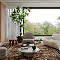 Modern Living and Dining Room with Curved Sofa Armchair Patterned Rug Large Window and Dining Chairs