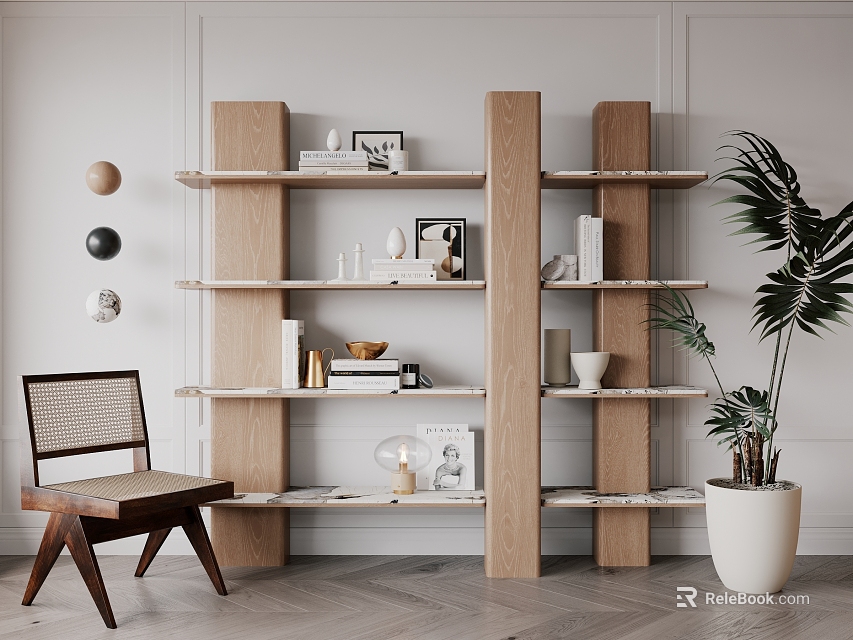 Modern Wooden Open Shelf Bookcase With Books Decorations Chair And Green Plant 3d model 