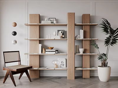 Modern Wooden Open Shelf Bookcase With Books Decorations Chair And Green Plant 3d model