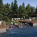 Scenic Waterfront Leisure Area With Wooden Decks Pine Trees And Fishing Spots