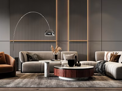 Modern Sofa Coffee Table Set With Round Marble Top Grey Upholstery Throw Pillows And Floor Lamp 3d model