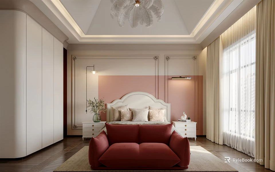 Elegant Modern Bedroom Interior With Red Sofa Pink Walls And Chandelier 3d model 