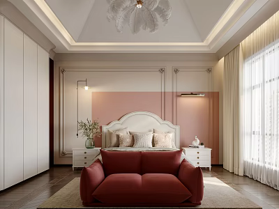 Elegant Modern Bedroom Interior With Red Sofa Pink Walls And Chandelier 3d model