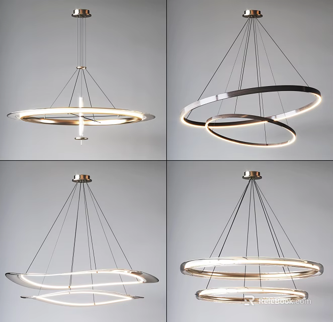 Modern Hanging Chandelier with Double Circular Ring Design and Metal Frame for Contemporary Interiors 3d model 