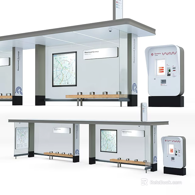 Modern Bus Station Platform With Benches Information Map And Ticket Vending Machine 3d model 