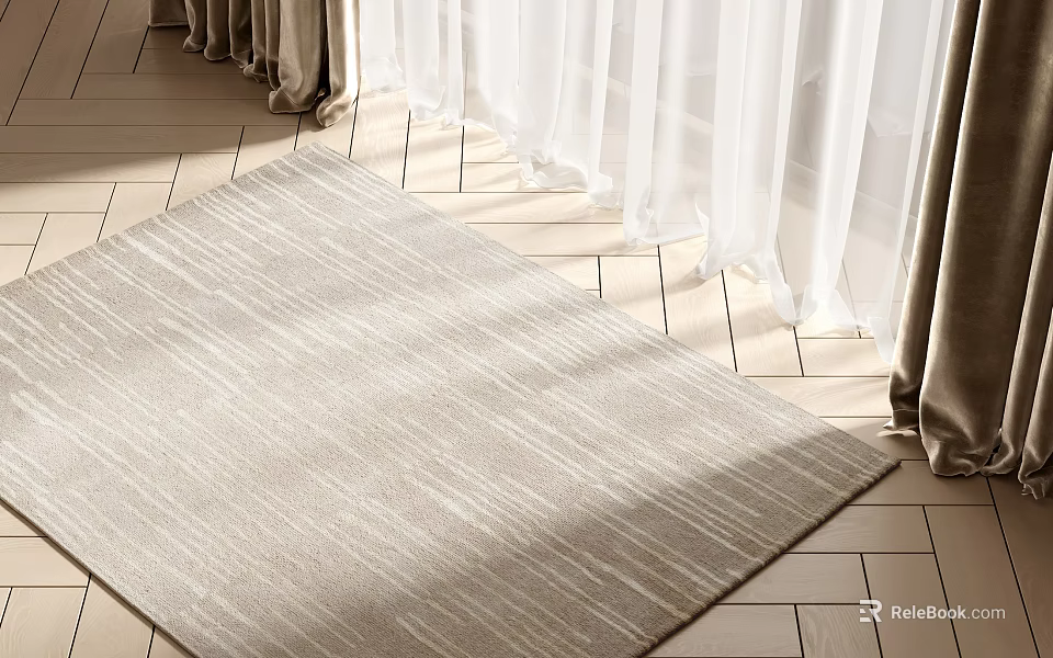 Light Beige Striped Square Rug On Wooden Floor With White Curtains And Natural Light 3d model 