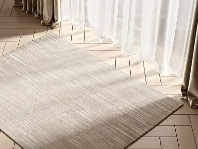 Light Beige Striped Square Rug On Wooden Floor With White Curtains And Natural Light 3d model
