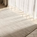 Light Beige Striped Square Rug On Wooden Floor With White Curtains And Natural Light