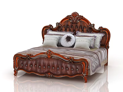 Elegant Vintage Leather Double Bed With Carved Headboard Tufted Design And Striped Bedspread 3d model