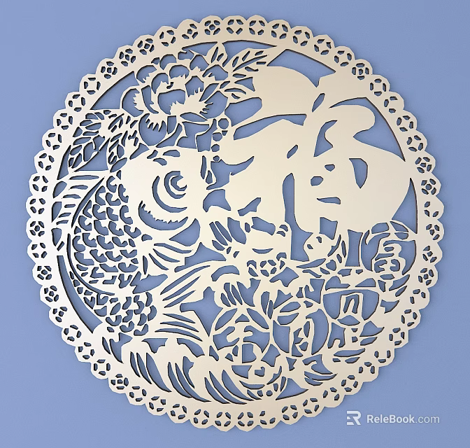 Traditional Carving Circular Decorative Artwork with Fu Character Fish and Flowers 3d model 