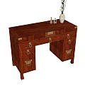 Classic Wooden Desk With Drawers Brass Hardware And White Vase Decor