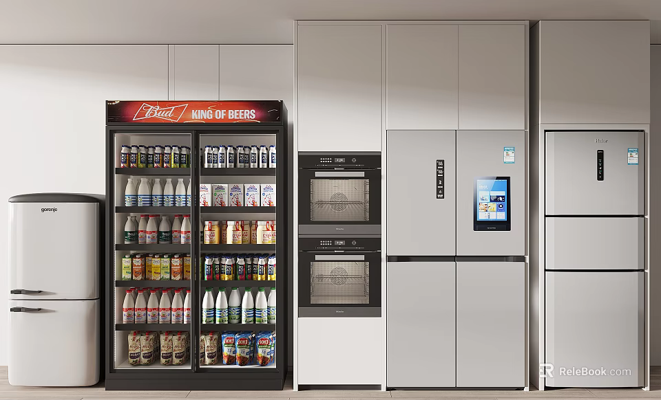 Modern Kitchen Featuring Drink Display Cooler Double Door Refrigerator and Combination Refrigerator with Oven 3d model 