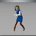 Female Character Wearing Blue Vest Dress White Shirt Red Leggings Brown Boots on Gray Background