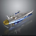 Futuristic Spacecraft Design With Golden Thruster Blue White Body And Deck Equipment
