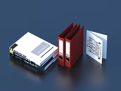 Essential Office Stationery Items Including Technology Books Red Folders And Notepads With Black Lines 3d model