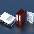 Essential Office Stationery Items Including Technology Books Red Folders And Notepads With Black Lines