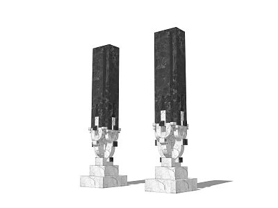 Two Black Architectural Columns with White Marble Base and Ornate Design 3d model