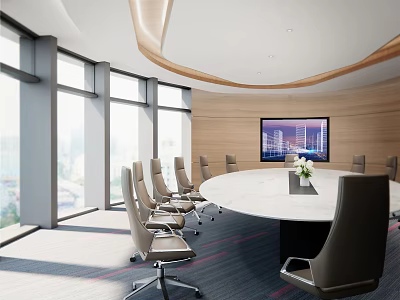 Modern Conference Room With Round Table Comfortable Chairs Large Windows TV Screen And Wooden Walls 3d model