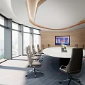Modern Conference Room With Round Table Comfortable Chairs Large Windows TV Screen And Wooden Walls