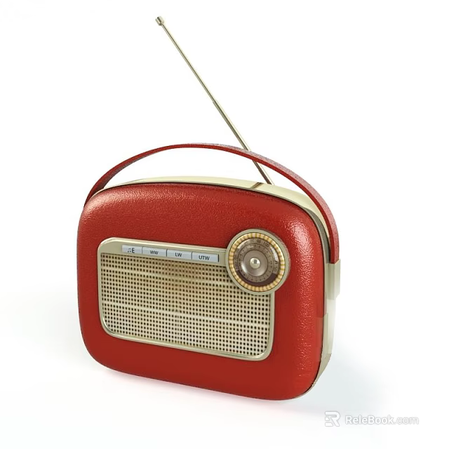 Red Vintage Radio Speaker with Retro Design Gold Accents Handle and Knob on White Background 3d model 