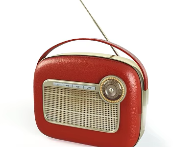 Red Vintage Radio Speaker with Retro Design Gold Accents Handle and Knob on White Background 3d model