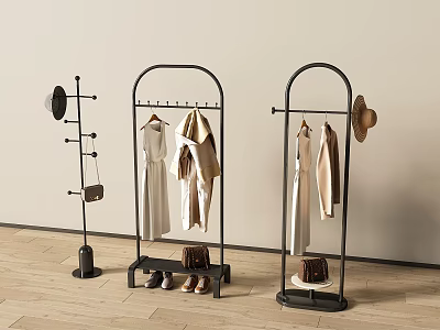 Modern Minimalist Clothes Racks With Hanging Dresses Coats Hats Bags And Shoes For Home 3d model