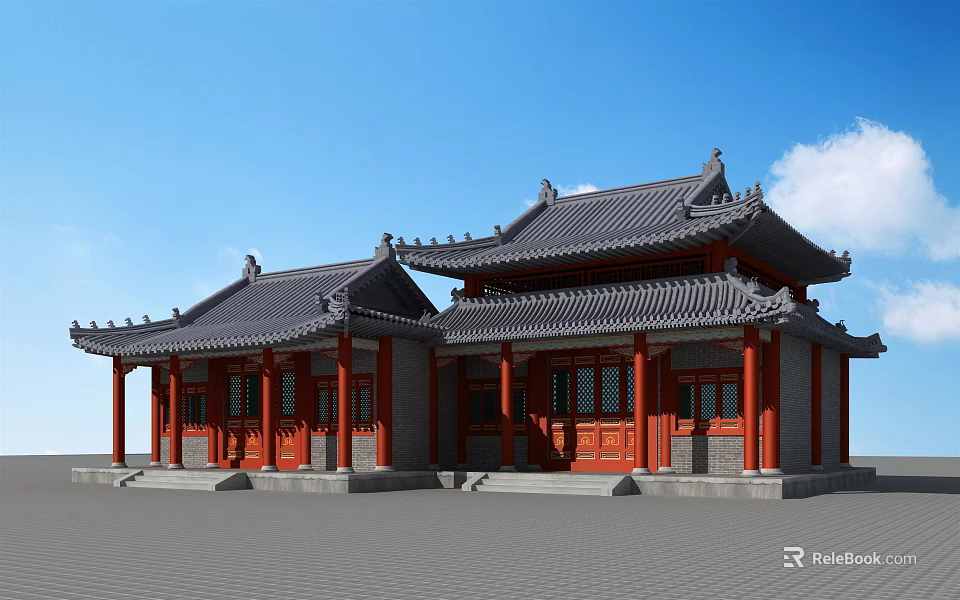 Traditional Chinese Ancient Architecture With Overhanging Eaves Red Pillars Gray Tiles And Blue Sky 3d model 