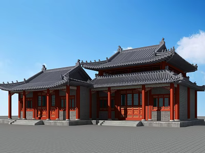 Traditional Chinese Ancient Architecture With Overhanging Eaves Red Pillars Gray Tiles And Blue Sky 3d model