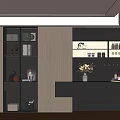 Modern Sideboard With Wooden Finish Open Shelves Glass Cabinets And Decorations