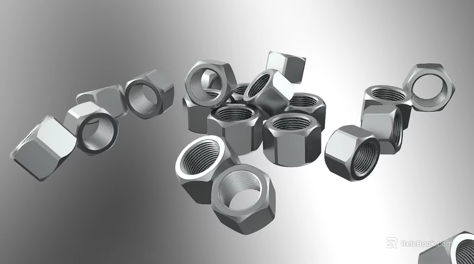 Metal Nuts Scattered On Gray Background With Different Sizes And Shapes 3d model 