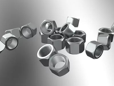 Metal Nuts Scattered On Gray Background With Different Sizes And Shapes 3d model