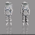 Two Astronauts in White Spacesuits Standing on Gray Background with Clear Reflections