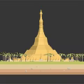 Yellow Pagoda 3D Model with Surrounding Palm Trees Green Base and Blue Spheres