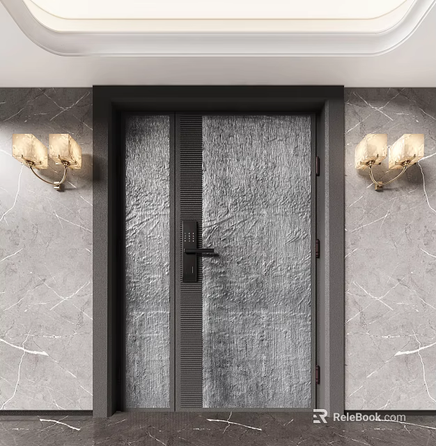 Elegant Textured Double Doors With Black Frame And Marble Wall Sconces 3d model 