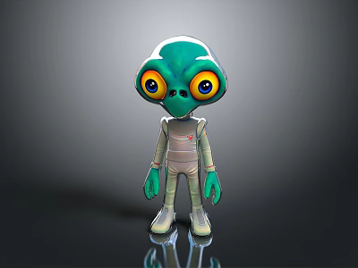 Green Alien Cartoon Character With Big Yellow Eyes And White Space Suit 3d model