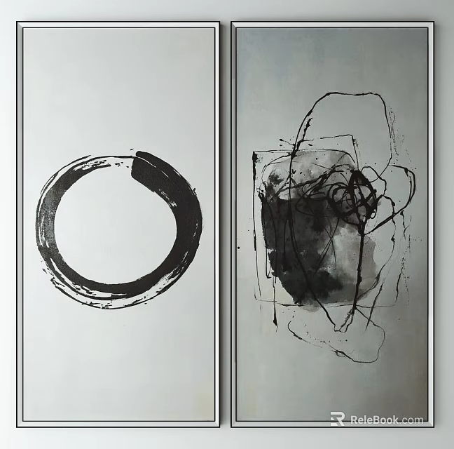 Abstract Black And White Wall Art With Circular Ink Stroke And Irregular Line Design 3d model 