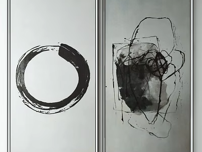 Abstract Black And White Wall Art With Circular Ink Stroke And Irregular Line Design 3d model