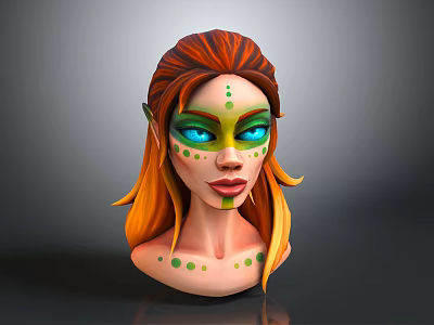 Elf Fantasy Character with Orange Yellow Hair Green Face Paint Blue Eyes and Pointed Ears 3d model